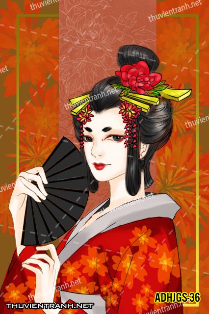 Tranh dán tường Cô gái  Nhật Bản mặc kimono, tranh minh họa cô gái Nhật Bản xưa -ADHJGS-36 - Tranh tường chất lượng cao